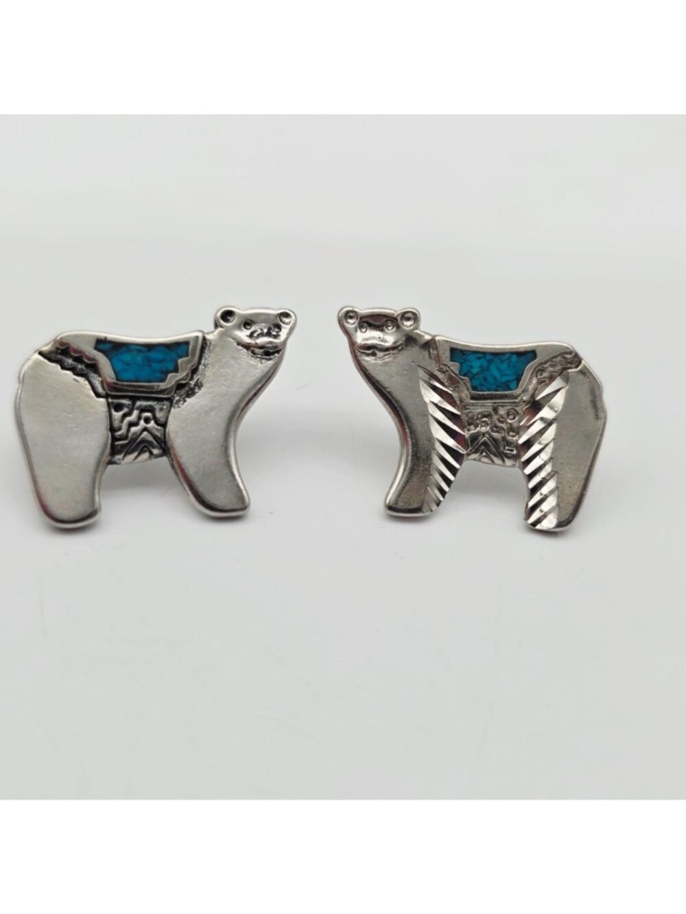 Silver Tone Bear Shaped Earrings With Turquoise Inlay Native American Style 1" - Picture 2 of 5